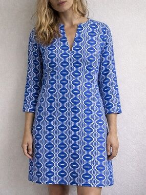 Katherine Way Blue White Geometric Shift Dress XS Retro Mod‎ Preppy